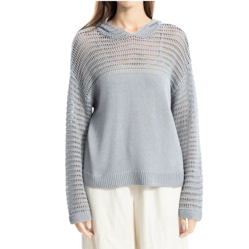 NWT Max Studio Pointelle Hooded Gray Sweater Linen Blend